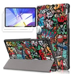 LYZXMY Case for Lenovo Tab M10 HD (2nd Gen) 10.1" TB-X306F / TB-X306X + [2 Pieces] Screen Protector Tempered Film - Ultra Thin with Stand Function Slim PU Leather Tablet Cover Skin - Graffiti