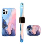 Makzib Matching Case compatible with iPhone 11,Airpods case pro 3 gen with Watch band 38mm 40mm 42mm 44mm. Marble design Thin slim Glossy 3 in 1 protective cases (38mm 40mm, Coral Peach)