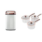 Tower Square Sensor Bin with Infrared Technology, Stainless Steel White and Rose Gold, 58 Litre & Linear Saucepan Set with Easy Clean Non-Stick Ceramic Coating, Aluminium, White and Rose Gold