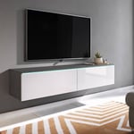 Meuble TV contemporain gris et blanc avec LED 2 portes MALORIE - 140 cm - blanc gris