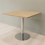 Cafébord kvadratiskt med runt pelarstativ, Storlek 60 x 60 cm, Bordsskiva Ek, Stativ Polerat rostfritt