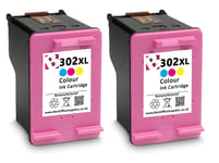 2 x 302XL Colour  Refilled Ink Cartridges For HP Deskjet 3634 Printers