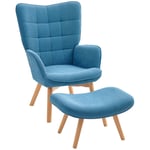 Fåtölj med pall, vingstol med hög rygg, träben, tuftad design manchesterlook Loungestol för vardagsrum, blå