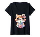 Womens Funny Cat Bubble Tea Anime Kawaii Neko Milk Tea Otaku V-Neck T-Shirt