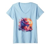 Womens Fierce mythical red dragon sunset palm trees Asian art #2 V-Neck T-Shirt