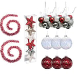 Sapin de Noël enneigé 180 cm avec pack décoratif rouge/argent/blanc : 6 étoiles de Noël + 3 x boule de cristal blanche de 100 mm + 3 x boule