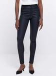 River Island High Rise Skinny Coated Jeans - Black, Black, Size 6, Inside Leg Long, Women