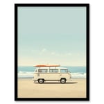 Gone Surfing Camper Van Calm Beach Cream Living Room Framed Wall Art Print