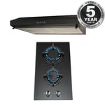 SIA 30cm Black 2 Burner Gas On Glass Hob & 50cm Visor Cooker Hood Extractor Fan