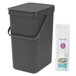 Brabantia Sort & Go Recycling Bin – 12Litre & 10x Compostable Bags – Grey