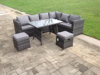 Dark Mixed Grey Rattan Garden Outdoor Corner Sofa Set Rectangular Dining Table Small Footstools 8 Seater