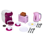 Klein Theo 9597 Bosch Breakfast Set I Pink kitchen accessory set incl. toaster, coffee maker and kettle I With crockery, cutlery and dummy fried egg I Toys for children aged 3 and over