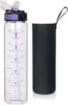 1L Glass Water Bottle with Straw & Time Marker, 1000Ml Drinking Bottles with One