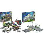 LEGO 60198 City Cargo Train Set, Battery Powered Engine For Kids 6+ Years Old, RC Bluetooth Connection & 60304 City Road Plates Building Set with Traffic Lights, Trees & Glow in the Dark Bricks