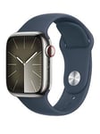 Apple Watch Series 9 (Gps + Cellular), 41Mm Silver Stainless Steel Case With Storm Blue Sport Band - S/M