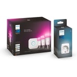 Philips Hue White and color ambiance Starter kit, E27, 3 lamppua ja silta + 2 kpl Hue Smart Plug pistorasia -tuotepaketti