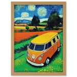 Hippie Van In Meadow Under Starry Night Painting Van Gogh Artwork Framed Wall Art Print A4