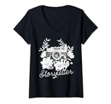 Womens Photographer Storyteller Vintage Camera Flowers Photography V-Neck T-Shirt