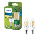 Philips Ultra Efficient - Ultra energy saving lights, LED light source, 40W, E14, B35, Clear glass, warm white light, 2700 kelvin , 2-pack