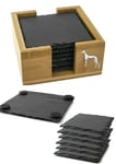 6Square Slate Coasters in a Bamboo Holder with a pewter ppd22  Greyhound