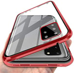 Magnetic Case For Samsung Galaxy S20 Ultra with Integrated Back Camera Lens Protector,Slim Clear Front and Back 9H Tempered Glass Case Magnetic Adsorption Metal Bumper Glass Cover(Red)