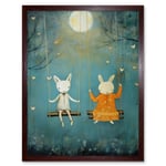 Rabbits on a Swing with Moonlit Butterflies Calming Baby Nursery Artwork Art Print Framed Poster Wall Decor 12x16 inch