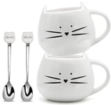 2 Pack Cat Coffee Mugs-Ceramic Cute Cat Coffee Mugs and Cat Spoons Set for Women Wife Mum Girl Teacher Friends Birthday Mothers Valentines Day (White)