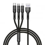 EGA 3-i-1 Kabel USB-A till USB-C/Lightning/Micro-USB, 1m, Svart