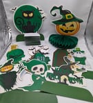 9x Halloween Table Top Paper Fan Decoration Pumpkin Ghost Witch Decoration Green