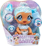 Glitter Babyz Poupée January Snowflake - Avec 3 changements de couleur magiques, cheveux bleus & 1 tenue d’hiver, contient 1 couche réutilisable, 1 biberon & tétine, pour les enfants, 3 ans +