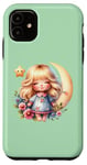 Coque pour iPhone 11 Vert, mignon dessin animé fille avec lune et fleurs