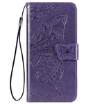TANYO Butterfly Flip Folio Case for Xiaomi Redmi 9A (Redmi 9AT), Protective PU/TPU Leather Flip Case with Card Slots, Mobile Phone Case - Dark Purple