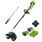 Greenworks Cordless Lawn Trimmer 40V 40cm, 25cm Brush Cutter Blade, Pole Saw Attachment, incl. 2 Battery 2Ah & Charger