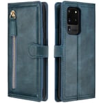 DEFBSC Case for Samsung Galaxy S20 Ultra, Magnetic Flip Leather Zipper Wallet Case Cover with 5 Card Holder Slots Premium Vintage PU Leather Zipper Pocket Kickstand Case for Samsung S20 Ultra, Blue