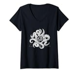 Womens Geometric Lovecraftian Necronomicon Sigil & White Tentacles V-Neck T-Shirt