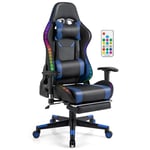 Gamingstol med RGB LED-lampor & infällbart fotstöd Ergonomisk kontorsstol Blå