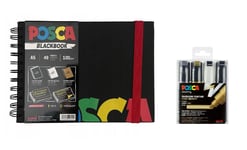 Posca - A5 BlackBook & PC8K Broad Tip Pen Gold, Silver, Black and White 4 pc