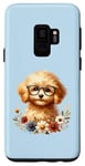 Coque pour Galaxy S9 Chiot Doodle Adorable bleu avec fleurs et lunettes