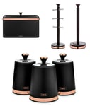 New Tower Set Cavaletto Towel Pole Kitchen Roll Holder, 6 Cup Mug Tree, Durable Carbon Build Bread Bin H24 & Set of 3 Canisters Black/Rose Gold