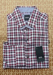 New Hugo BOSS mens red checked regular long sleeve smart casual suit shirt SMALL