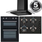 SIA 60cm Double Built In Electric Fan Oven, 4 burner Gas Hob & Curved Glass Hood