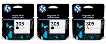 2x HP 305 Black & 1x Colour Original Ink Cartridge For ENVY 6032 Printer