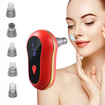 Blackhead Remover Vacuum Pore Cleaner Suction Cleaning Face Care Black Head Cleaner Acne Extractor Diamond Microcrystal Head USB Rechargeable LED big-display 3 modes 5 replaceable probes,Red