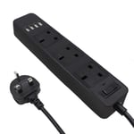 3M Extension Lead -3 Gang USB Power Strip - Overload Protection-4 USB Extension Lead Black