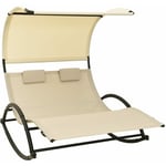 Transat chaise longue bain de soleil lit de jardin terrasse meuble d'extérieur double avec auvent textilène crème - Crème