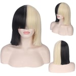 Sia Anime Cosplay Peruk Syntetiskt Hår Kvinnor Rakt Halloween Halv Blond Svart Kort Bob Peruker Med Lugg 35cm