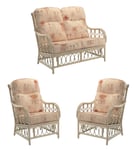 Desser Morley Rattan Conservatory Furniture Set – 2 Seater Sofa & 2X Armchairs – Indoor Cane Wicker Chair Settee Suite with UK Made Cushions – Monet Fabric
