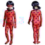 Barn Flickor Ladybug Cosplay Kostym Set Halloween Fest Jumpsuit Fancy Dress Kostym med Blindfold, Peruk, Väska-yky 130(120-130CM)