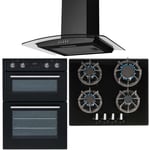 SIA 60cm Double Electric True Fan Oven, 4 burner Gas On Glass Hob & Curved Hood