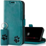 SURAZO Protective Phone Case For Apple iPhone 15 Pro Case - Genuine Leather RFID Wallet with Card Holder, Magnetic Closure, Stand - Flip Cover Full Body Casing Screen Protector (Turquoise & Paw)